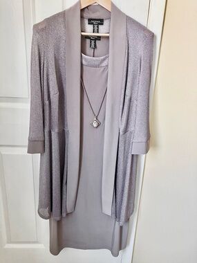 R&M Richards Metallic Taupe Knit Cardigan Dress Set